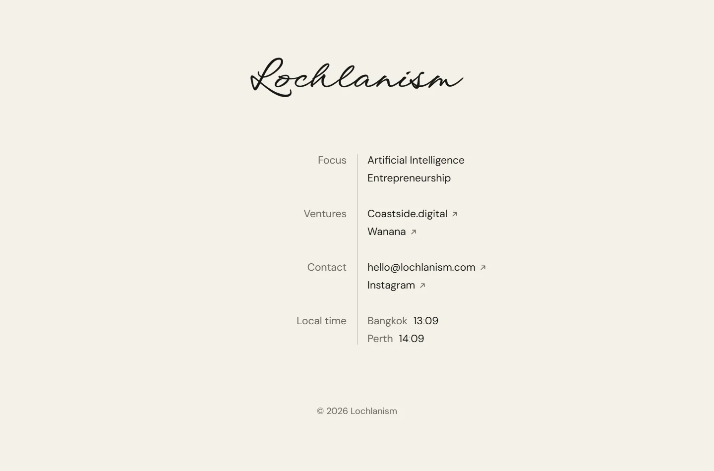 Lochlanism personal website with a handwritten signature above a short index of focus, ventures and contact details