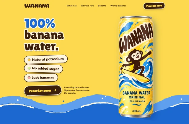 Wanana website with its yellow banana water launch design